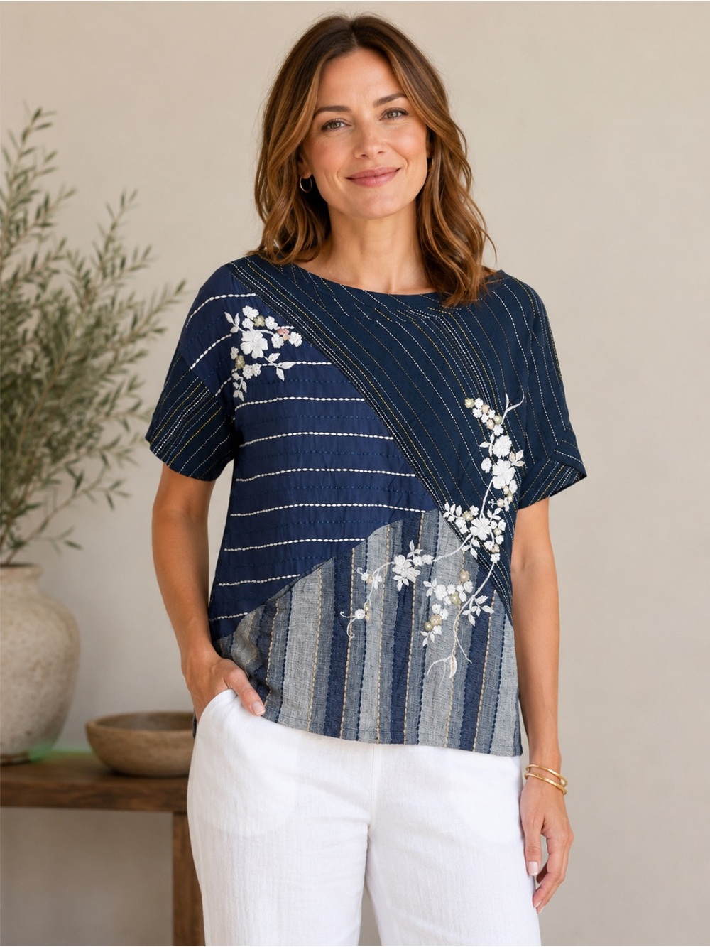 Soft Surroundings Embroidered Patchwork Blouse Navy Blue Floral Boho Artsy SZ S